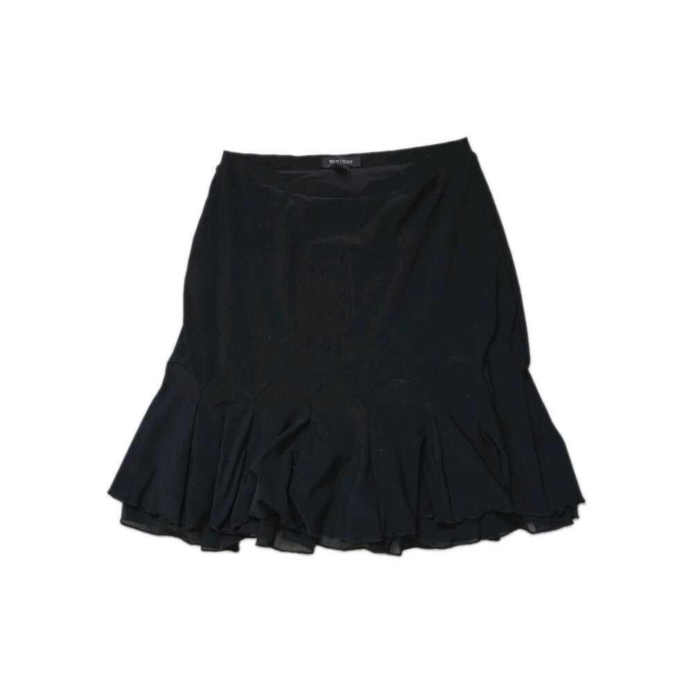 White House Black Market Ruffle Hem Skirt Black Flared Knee Length Sz S EUC